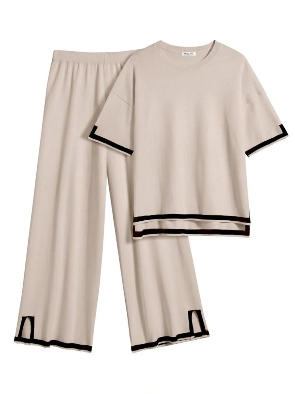 Women's 2-Piece Lounge Set - Black Knit Tracksuit with Short Sleeve Top & Wide Leg Pants - Soft Stretchy Homewear for Casual Wear