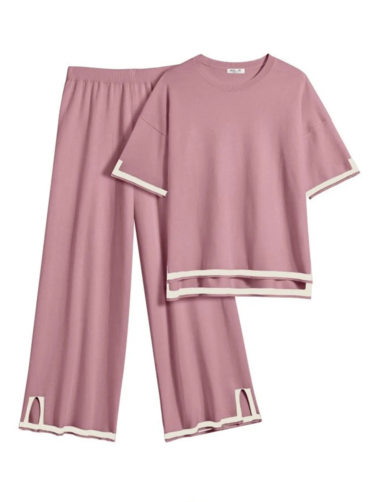 Women's 2-Piece Lounge Set - Black Knit Tracksuit with Short Sleeve Top & Wide Leg Pants - Soft Stretchy Homewear for Casual Wear