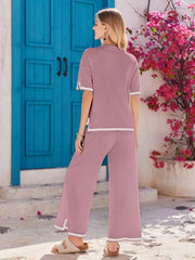 Women's 2-Piece Lounge Set - Black Knit Tracksuit with Short Sleeve Top & Wide Leg Pants - Soft Stretchy Homewear for Casual Wear