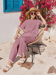 Women's 2-Piece Lounge Set - Black Knit Tracksuit with Short Sleeve Top & Wide Leg Pants - Soft Stretchy Homewear for Casual Wear