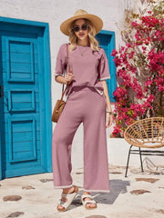 Women's 2-Piece Lounge Set - Black Knit Tracksuit with Short Sleeve Top & Wide Leg Pants - Soft Stretchy Homewear for Casual Wear