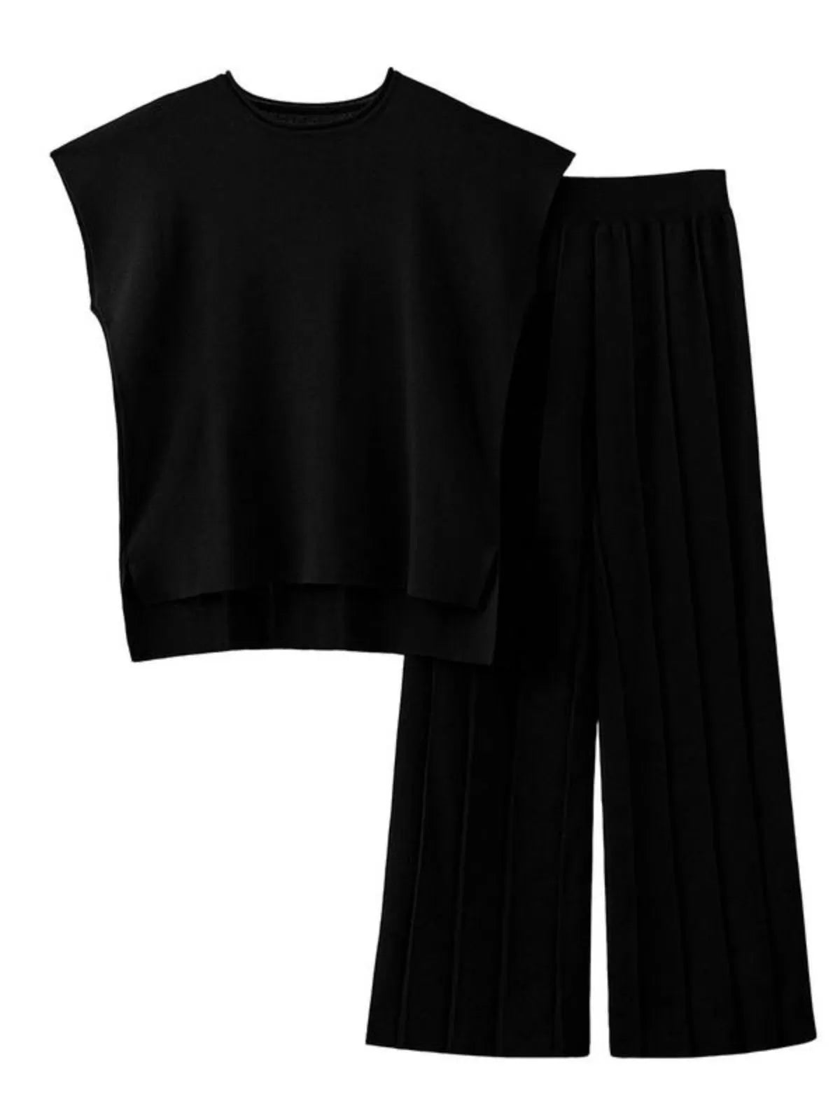 Casual Cap Sleeve Soft Top and Pleated Wide Leg Pants  