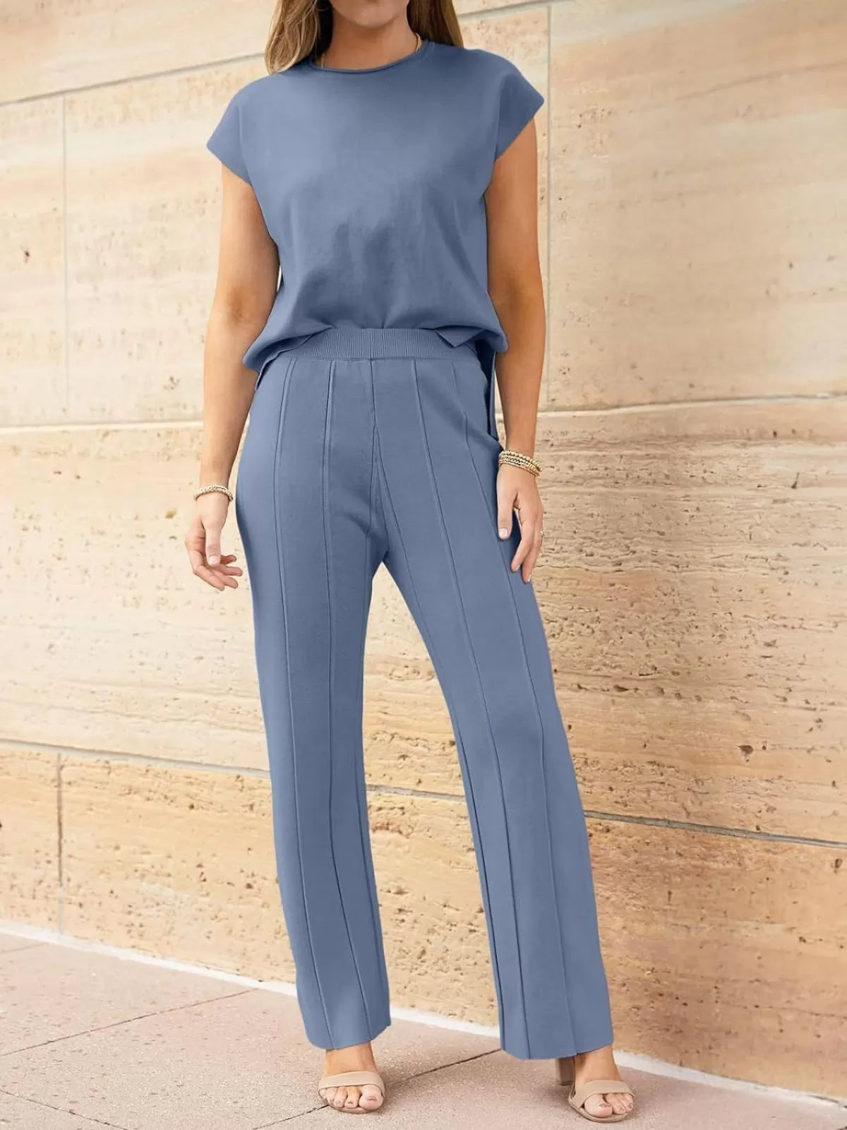 Casual Cap Sleeve Soft Top and Pleated Wide Leg Pants  