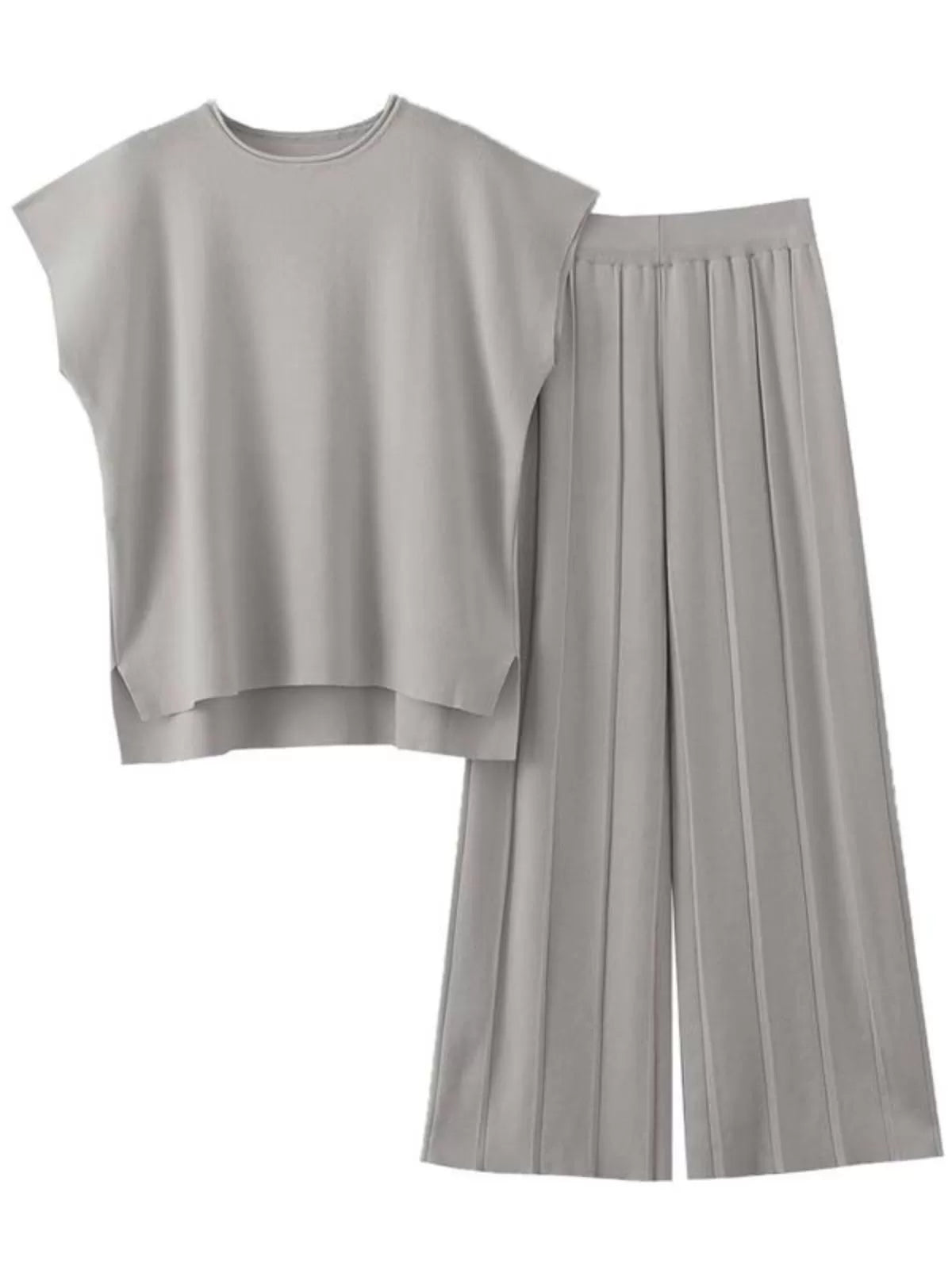 Casual Cap Sleeve Soft Top and Pleated Wide Leg Pants  