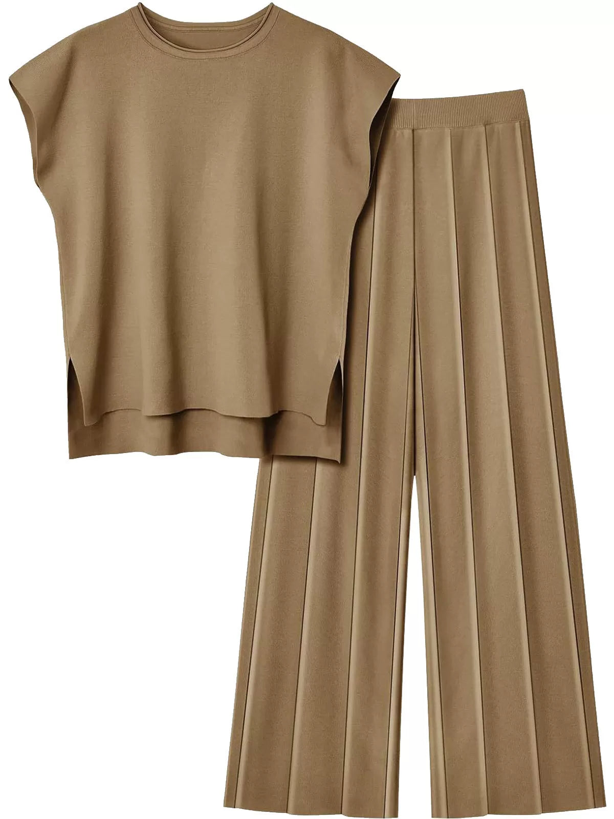 Casual Cap Sleeve Soft Top and Pleated Wide Leg Pants  