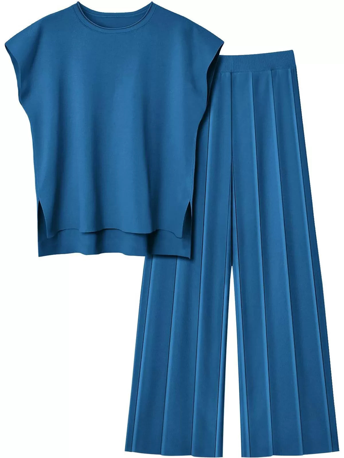 Casual Cap Sleeve Soft Top and Pleated Wide Leg Pants  