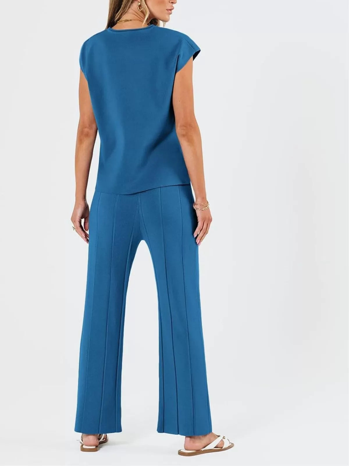 Casual Cap Sleeve Soft Top and Pleated Wide Leg Pants  