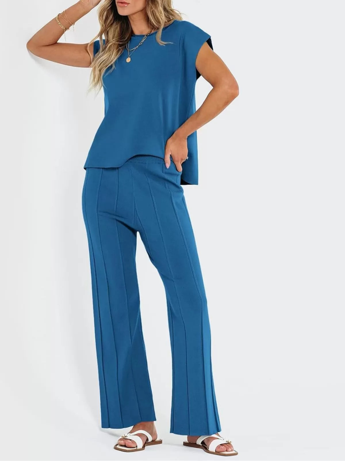 Casual Cap Sleeve Soft Top and Pleated Wide Leg Pants  