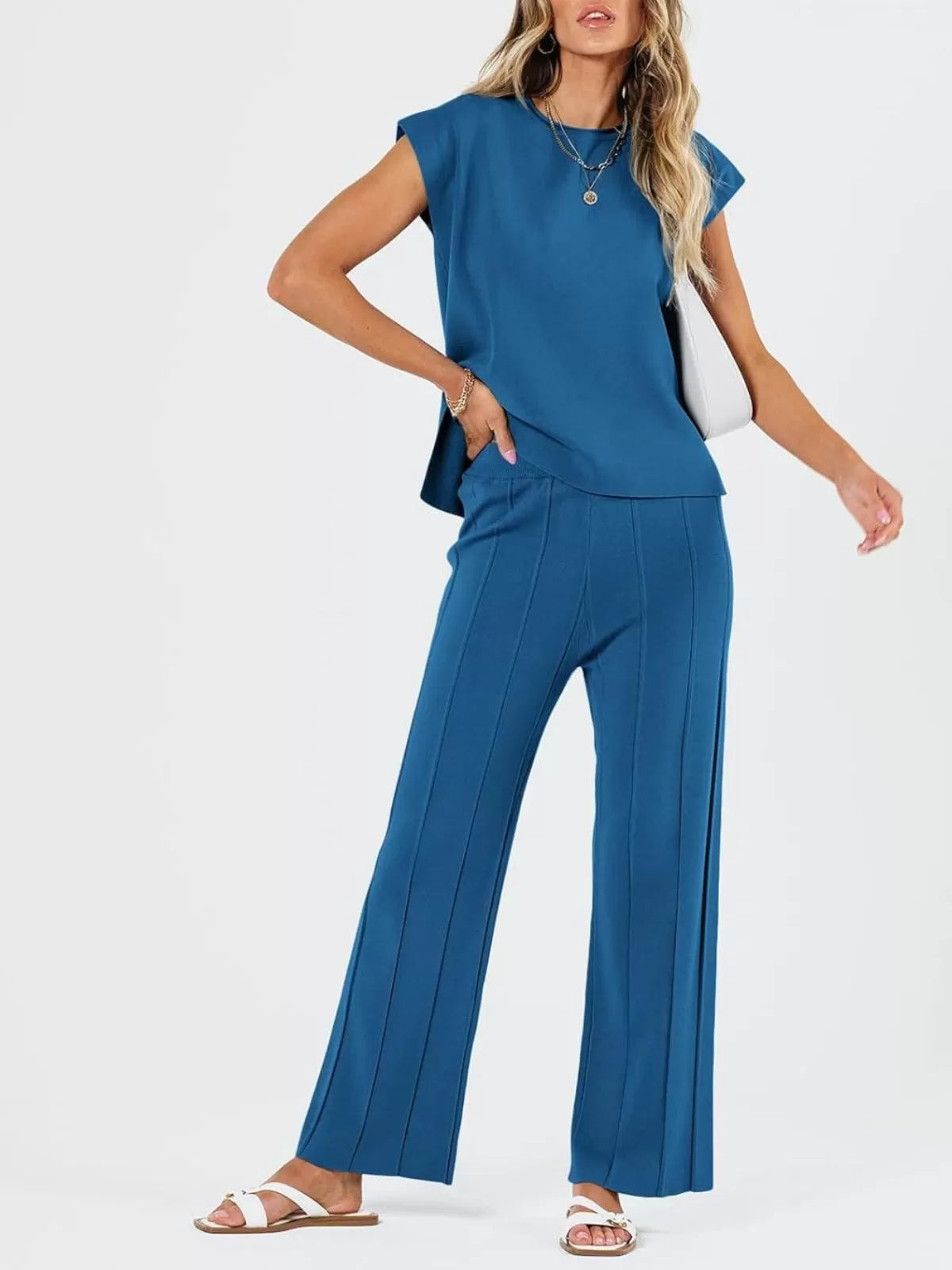Casual Cap Sleeve Soft Top and Pleated Wide Leg Pants  