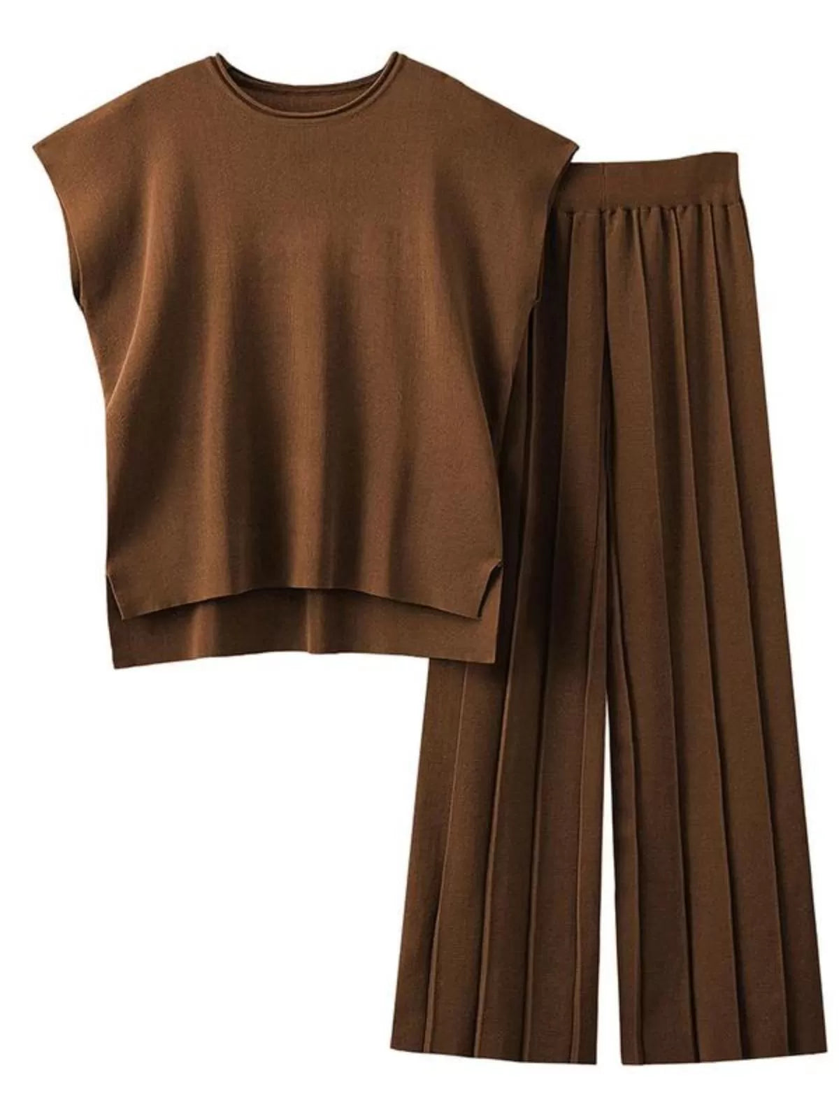 Casual Cap Sleeve Soft Top and Pleated Wide Leg Pants  
