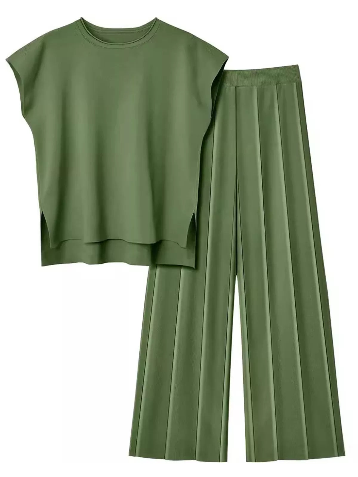 Casual Cap Sleeve Soft Top and Pleated Wide Leg Pants  
