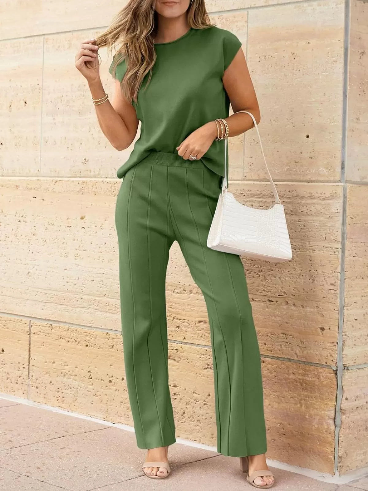 Casual Cap Sleeve Soft Top and Pleated Wide Leg Pants  