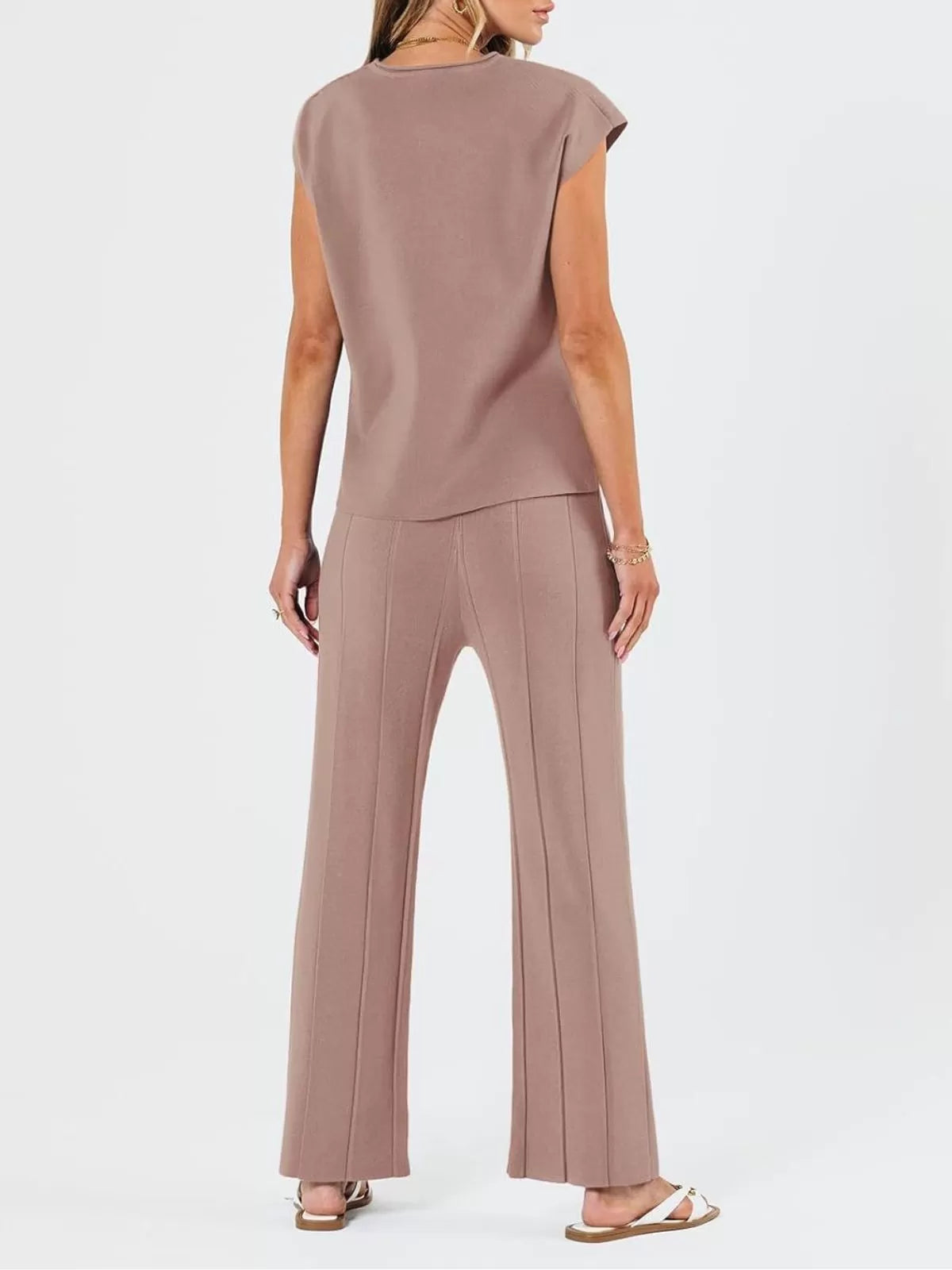 Casual Cap Sleeve Soft Top and Pleated Wide Leg Pants  