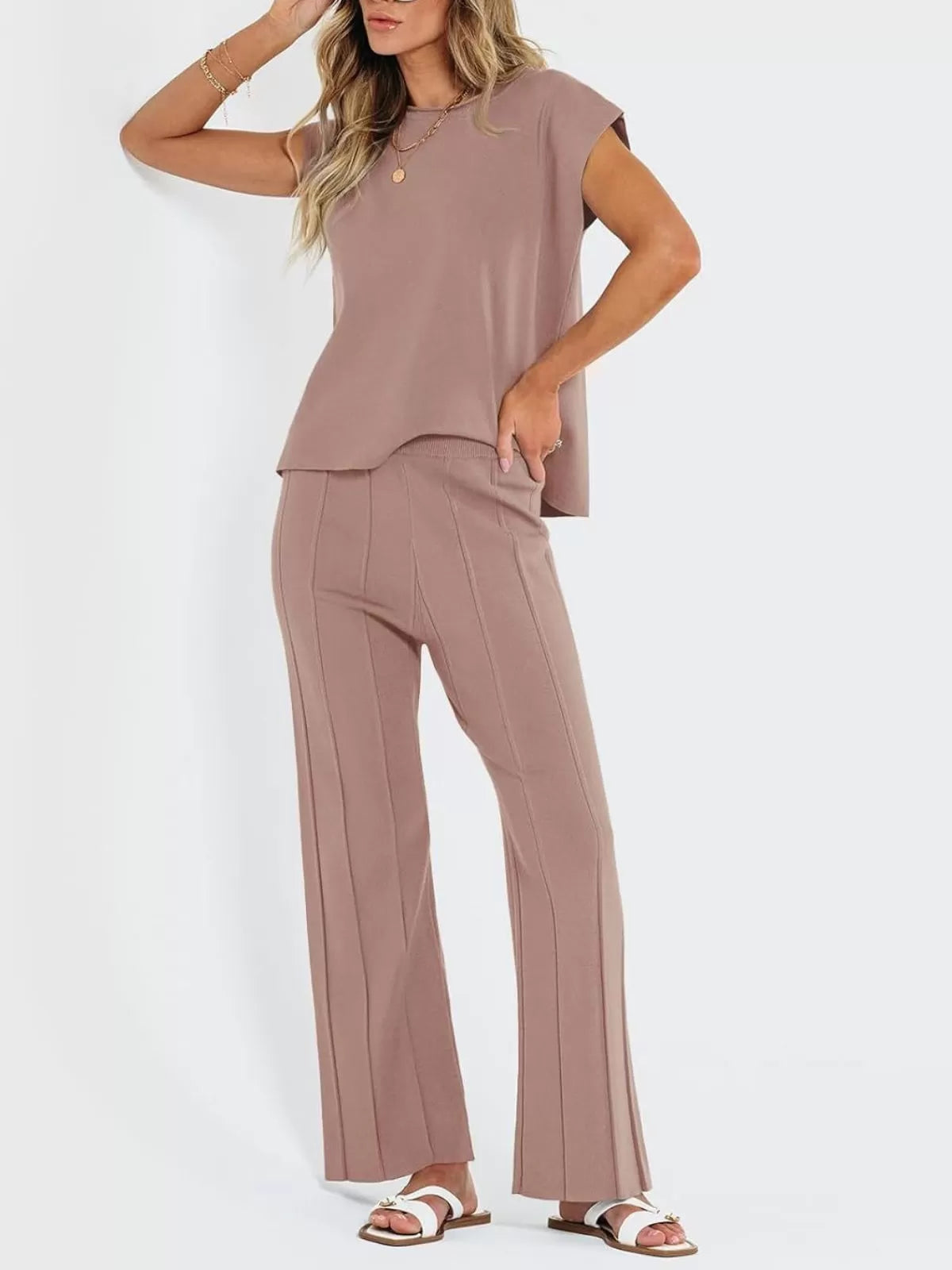 Casual Cap Sleeve Soft Top and Pleated Wide Leg Pants  