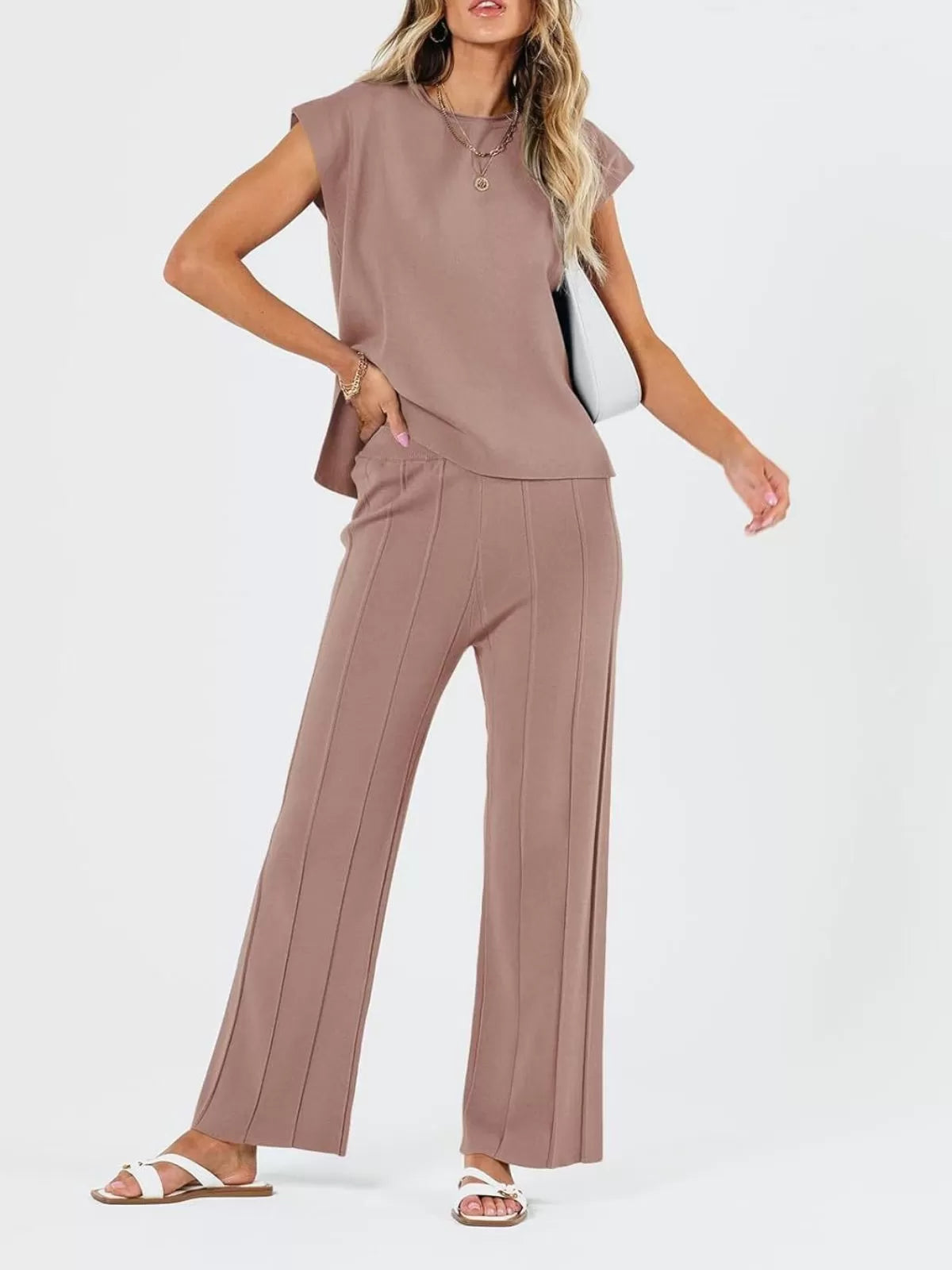 Casual Cap Sleeve Soft Top and Pleated Wide Leg Pants  