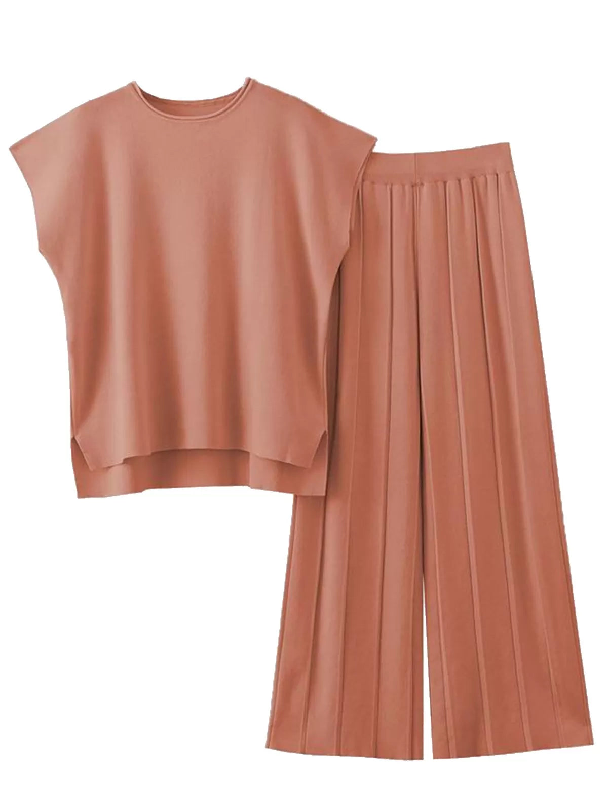 Casual Cap Sleeve Soft Top and Pleated Wide Leg Pants  