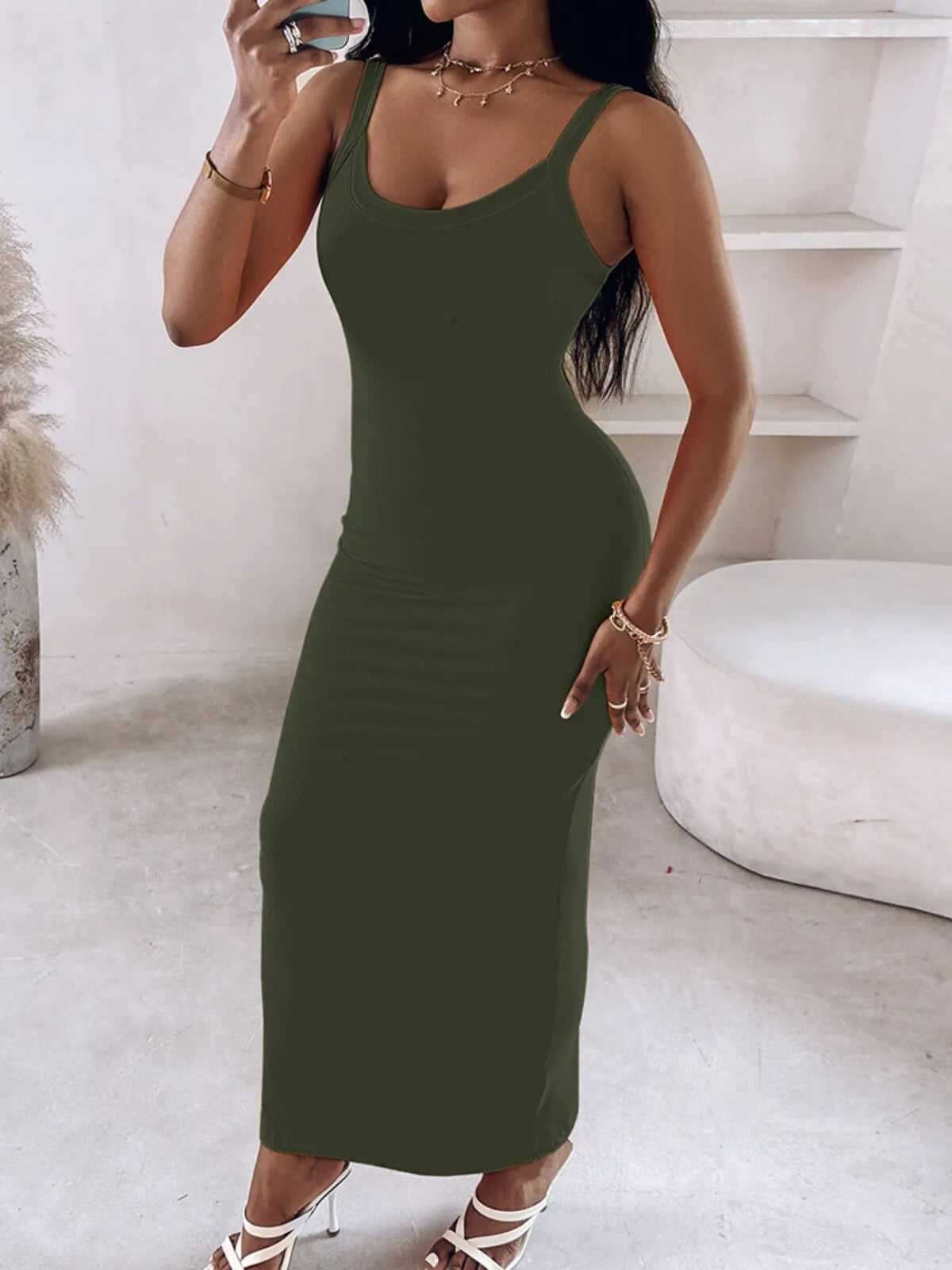 Women Solid Casual  Spaghetti Strap Round Neck Slim Fit Cami Bodycon Dress