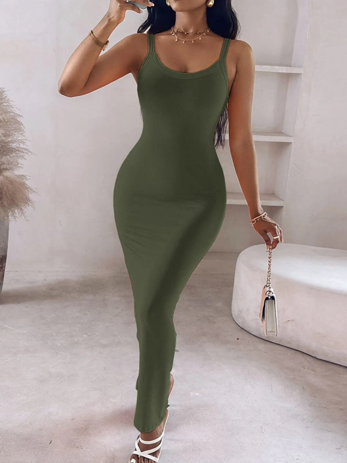 Women Solid Casual  Spaghetti Strap Round Neck Slim Fit Cami Bodycon Dress