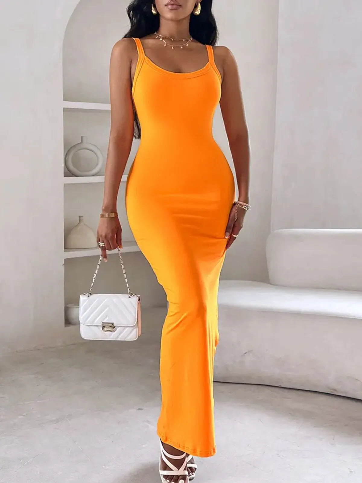 Women Solid Casual  Spaghetti Strap Round Neck Slim Fit Cami Bodycon Dress
