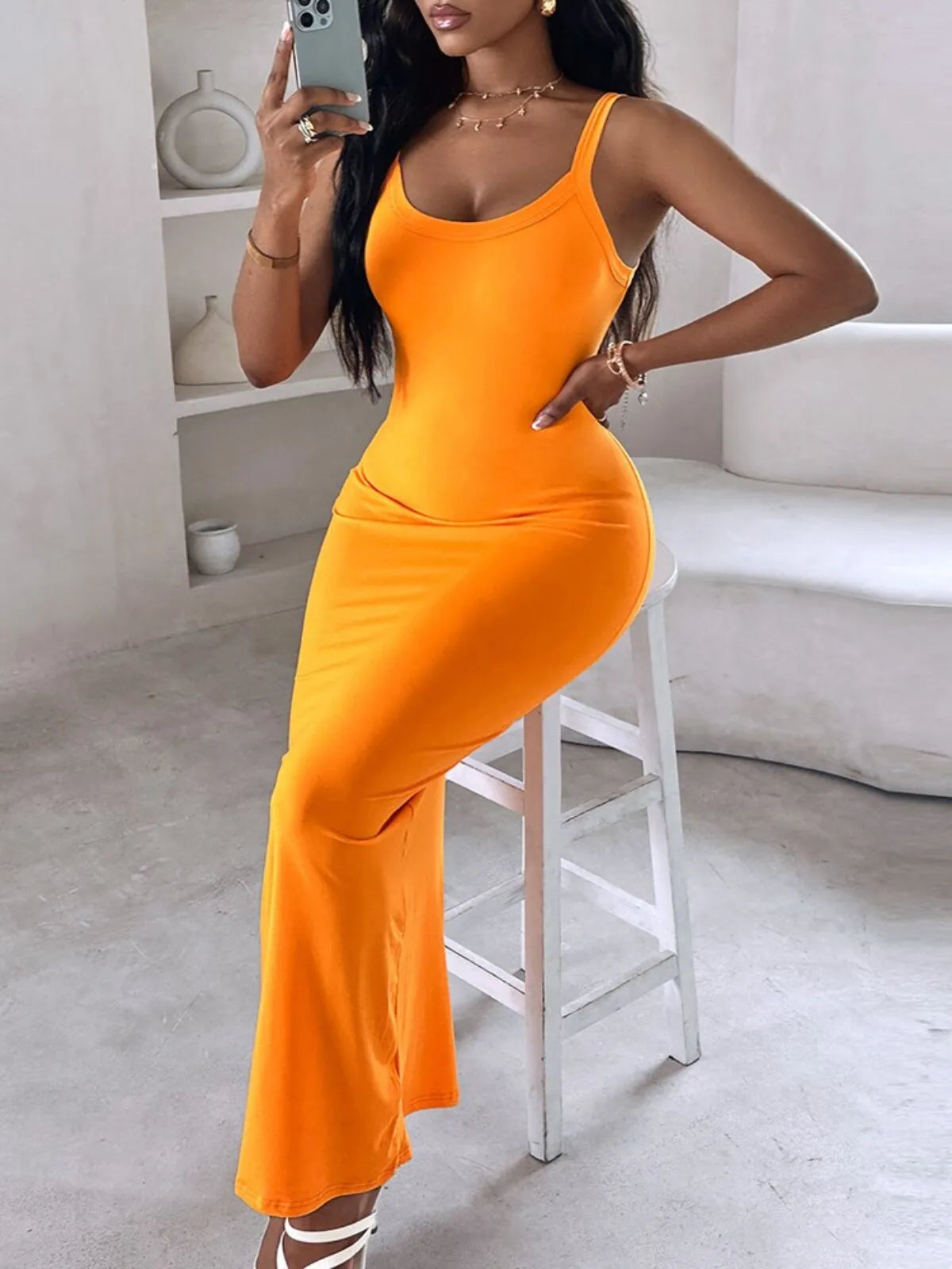 Women Solid Casual  Spaghetti Strap Round Neck Slim Fit Cami Bodycon Dress