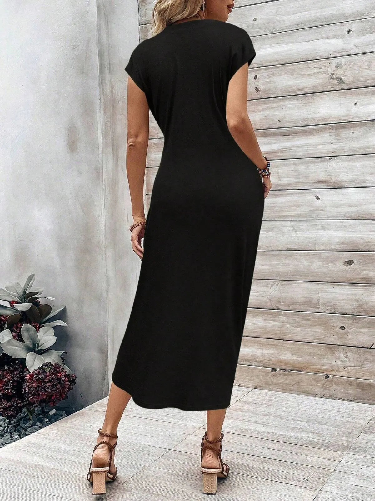 Solid Casual Floral Striped All Over Print Knot Lace-up Round Neck Cap Sleeve Bodycon Dress