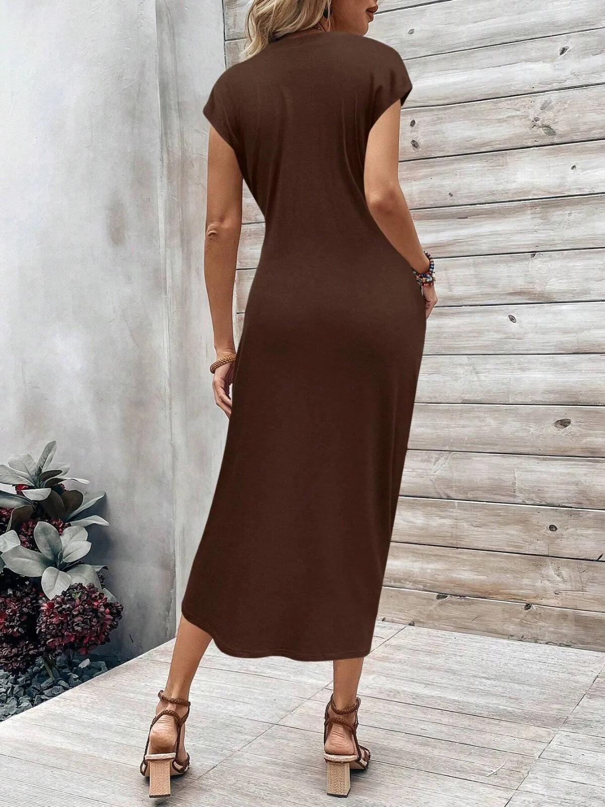 Solid Casual Floral Striped All Over Print Knot Lace-up Round Neck Cap Sleeve Bodycon Dress