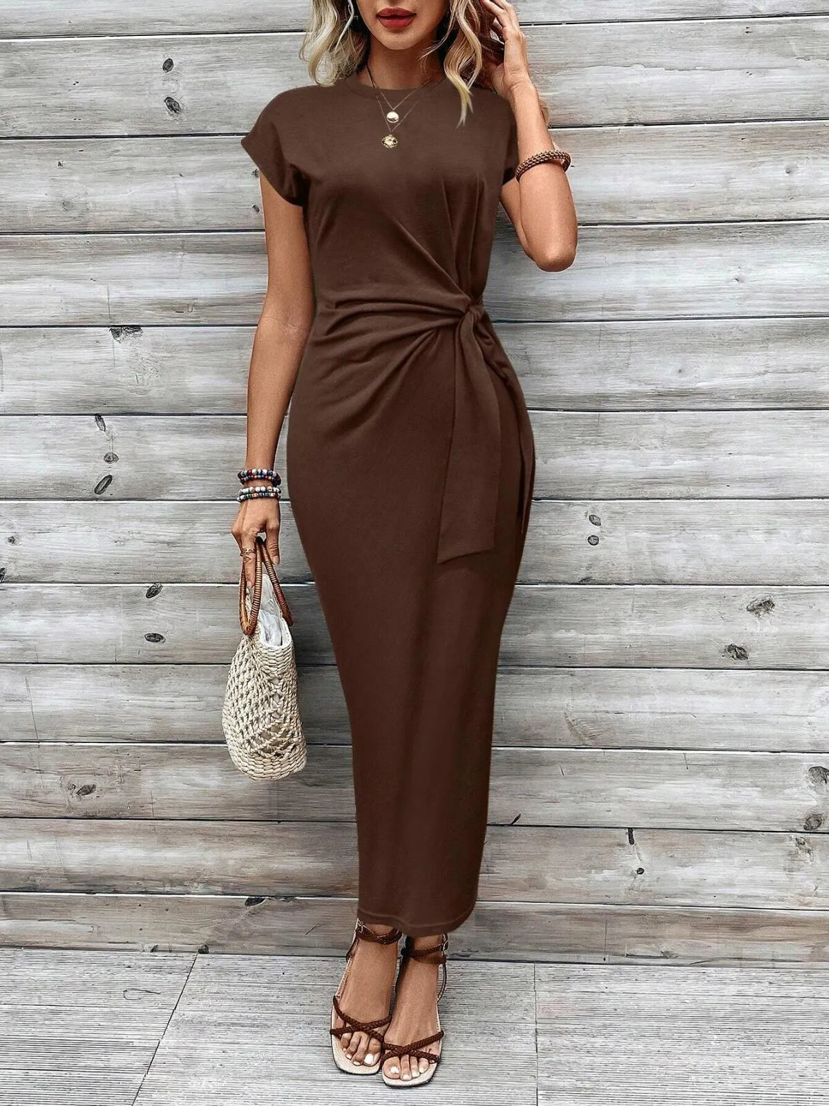 Solid Casual Floral Striped All Over Print Knot Lace-up Round Neck Cap Sleeve Bodycon Dress