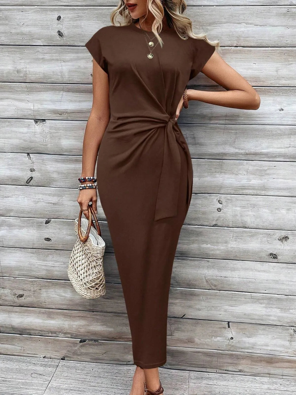 Solid Casual Floral Striped All Over Print Knot Lace-up Round Neck Cap Sleeve Bodycon Dress