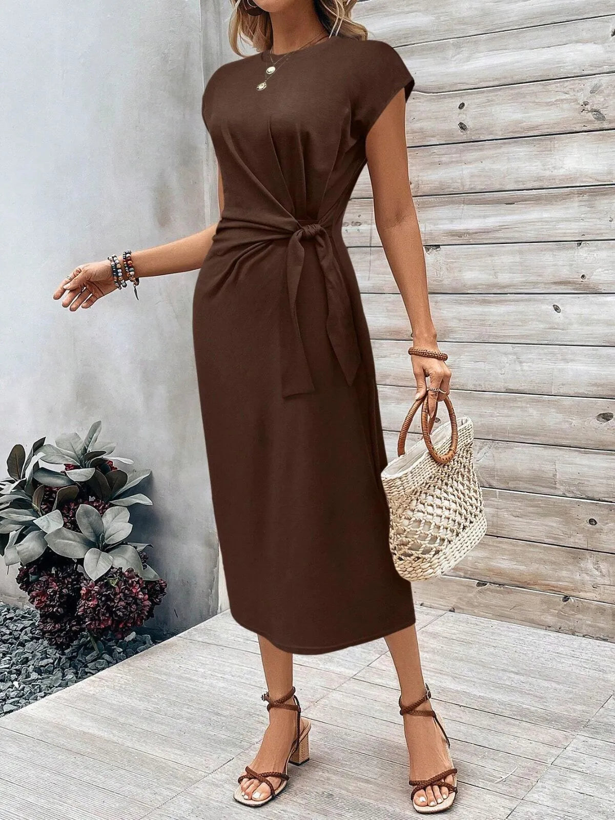 Solid Casual Floral Striped All Over Print Knot Lace-up Round Neck Cap Sleeve Bodycon Dress