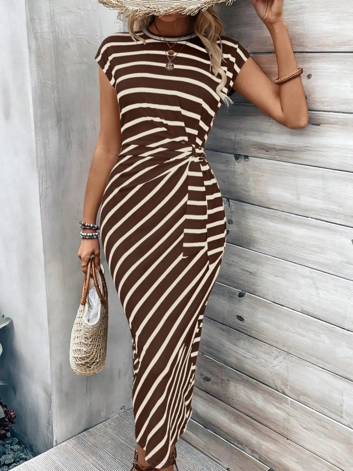 Solid Casual Floral Striped All Over Print Knot Lace-up Round Neck Cap Sleeve Bodycon Dress