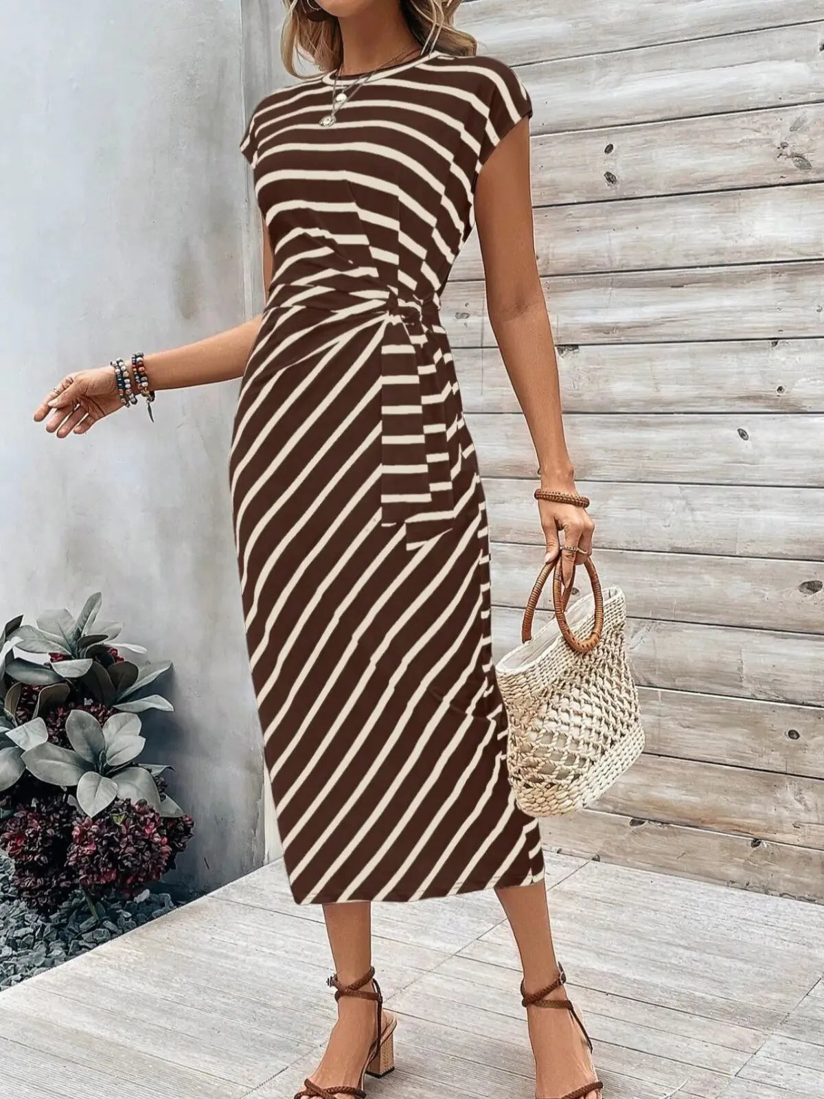 Solid Casual Floral Striped All Over Print Knot Lace-up Round Neck Cap Sleeve Bodycon Dress