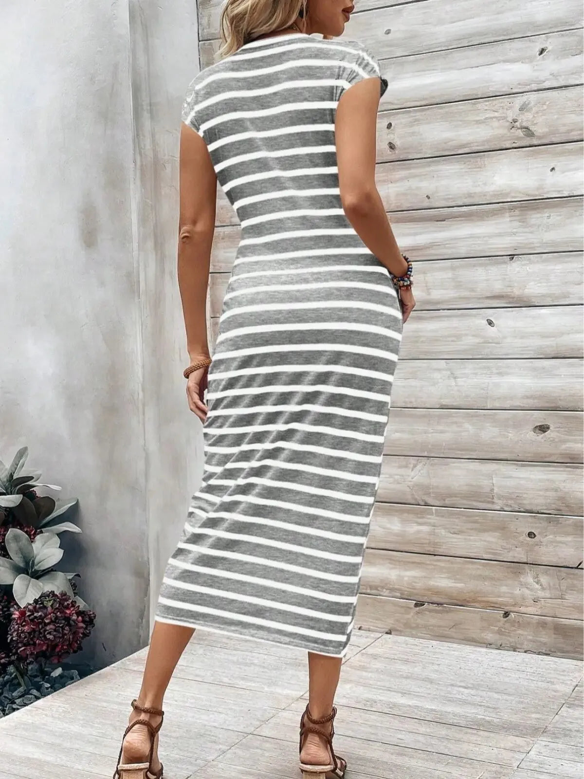 Solid Casual Floral Striped All Over Print Knot Lace-up Round Neck Cap Sleeve Bodycon Dress