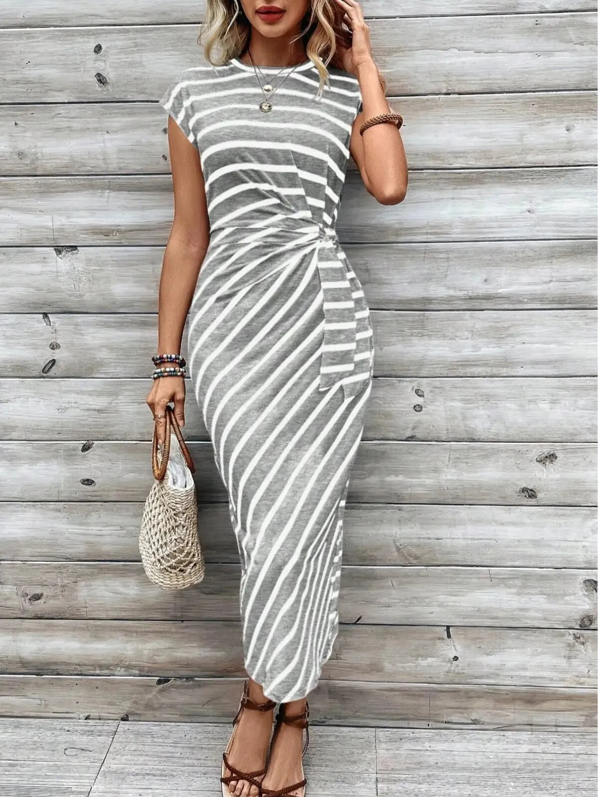Solid Casual Floral Striped All Over Print Knot Lace-up Round Neck Cap Sleeve Bodycon Dress