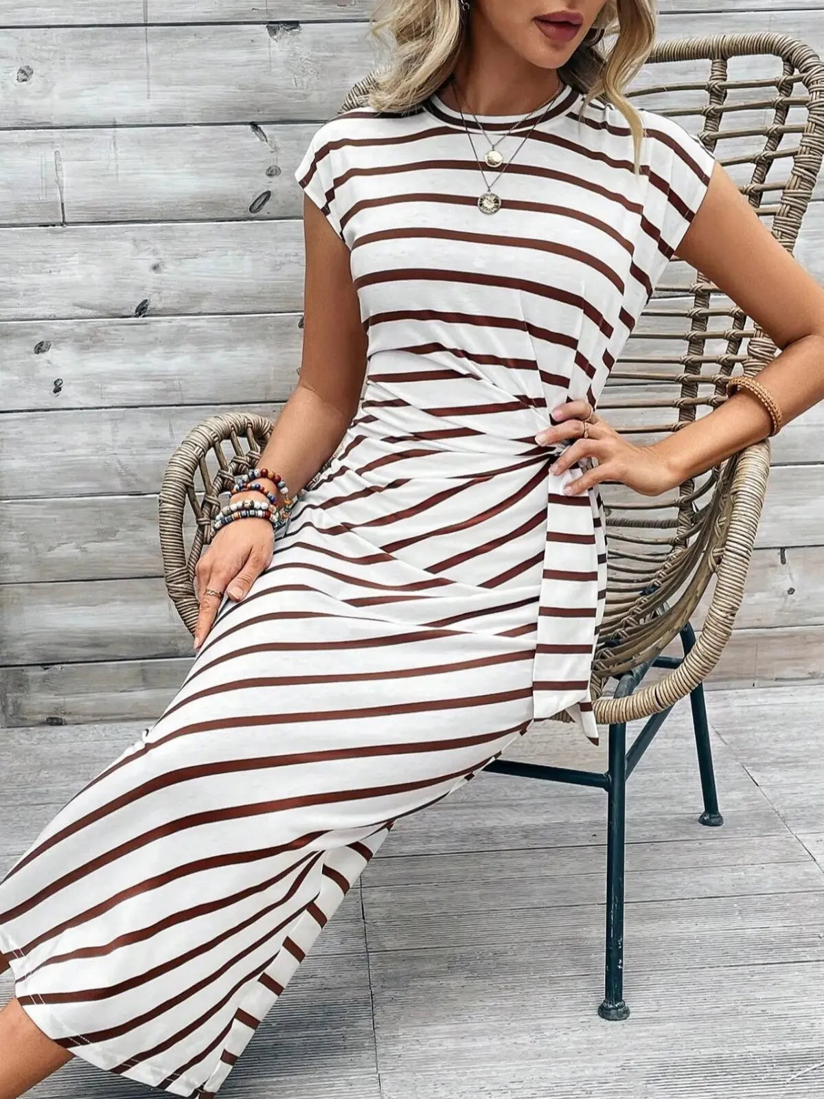 Solid Casual Floral Striped All Over Print Knot Lace-up Round Neck Cap Sleeve Bodycon Dress