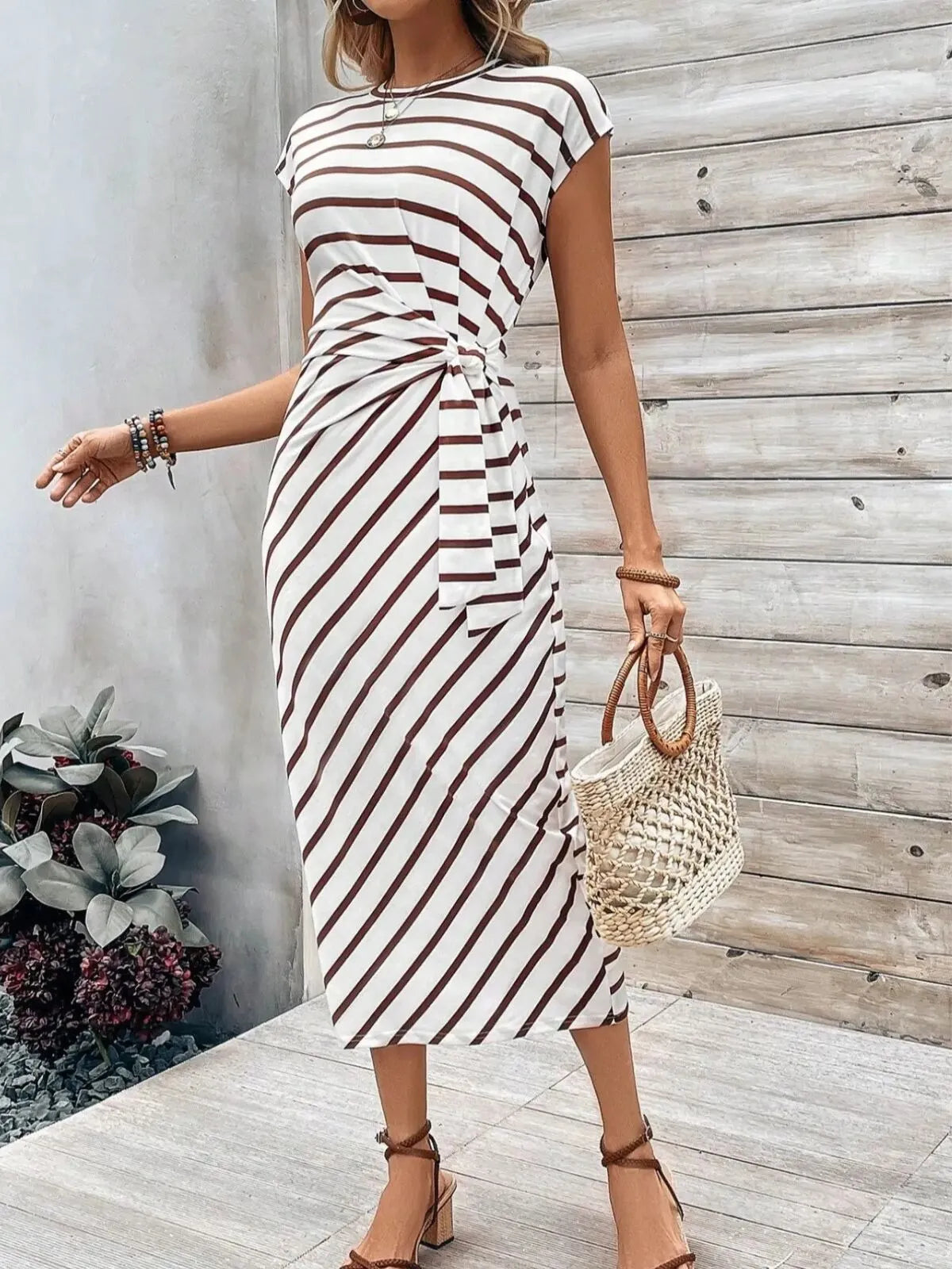 Solid Casual Floral Striped All Over Print Knot Lace-up Round Neck Cap Sleeve Bodycon Dress
