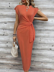 Solid Casual Floral Striped All Over Print Knot Lace-up Round Neck Cap Sleeve Bodycon Dress