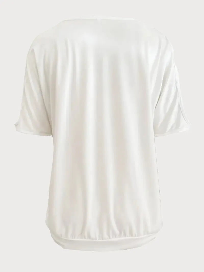 Solid Round Neck Cold Shoulder Cutwork T-shirt