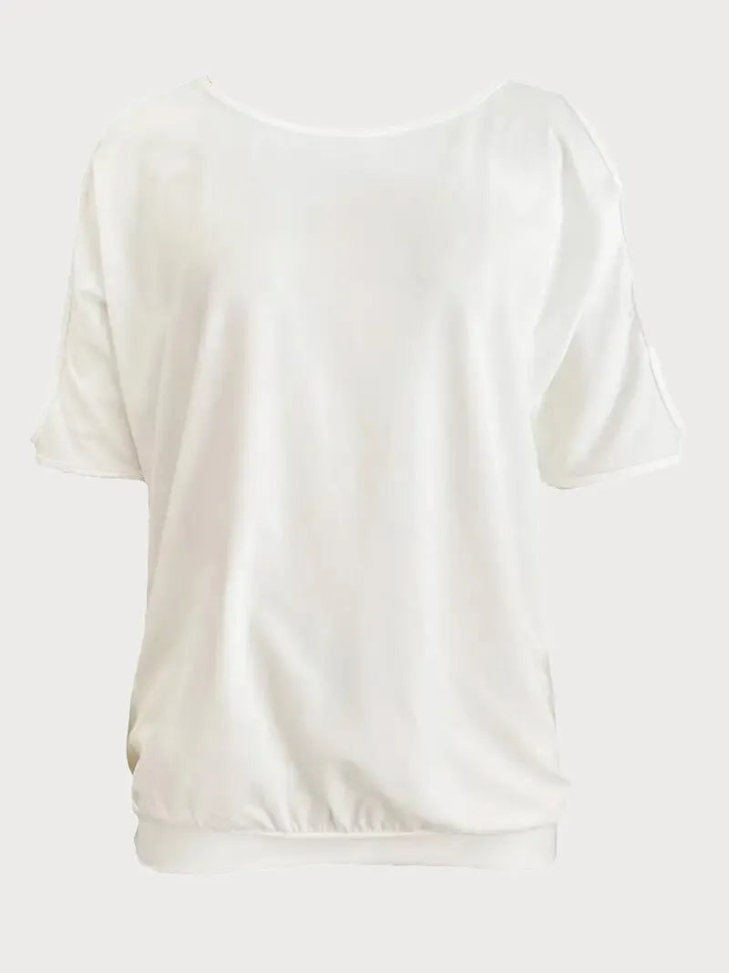 Solid Round Neck Cold Shoulder Cutwork T-shirt