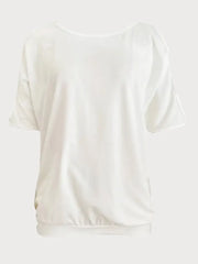 Solid Round Neck Cold Shoulder Cutwork T-shirt