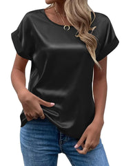 Solid Round Neck Drop Shoulder Elegant Satin T-shirt