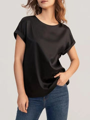 Solid Round Neck Drop Shoulder Elegant Satin T-shirt