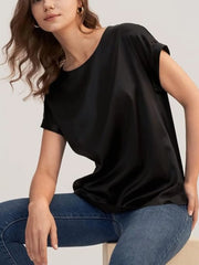 Solid Round Neck Drop Shoulder Elegant Satin T-shirt
