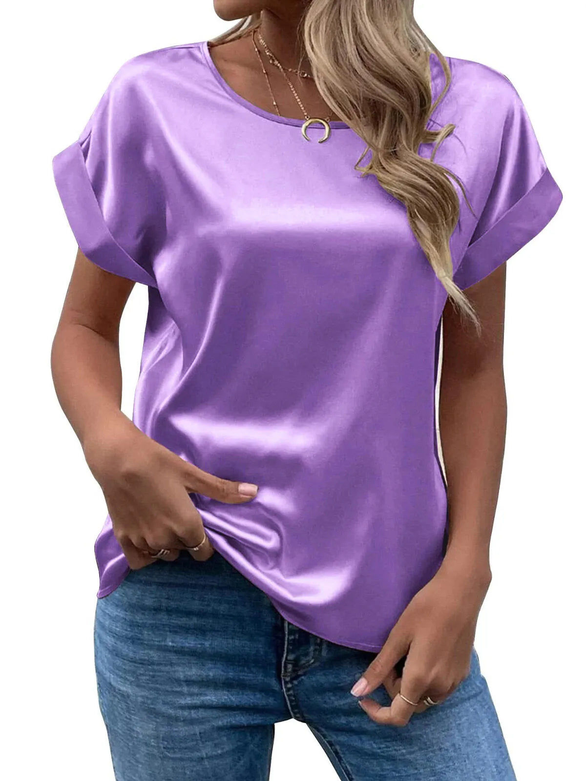 Solid Round Neck Drop Shoulder Elegant Satin T-shirt