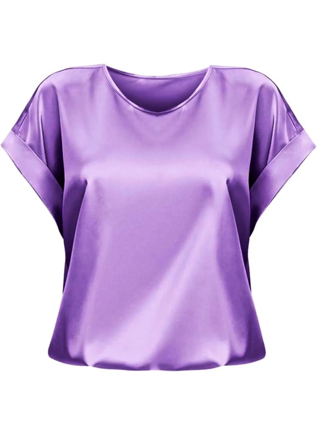 Solid Round Neck Drop Shoulder Elegant Satin T-shirt