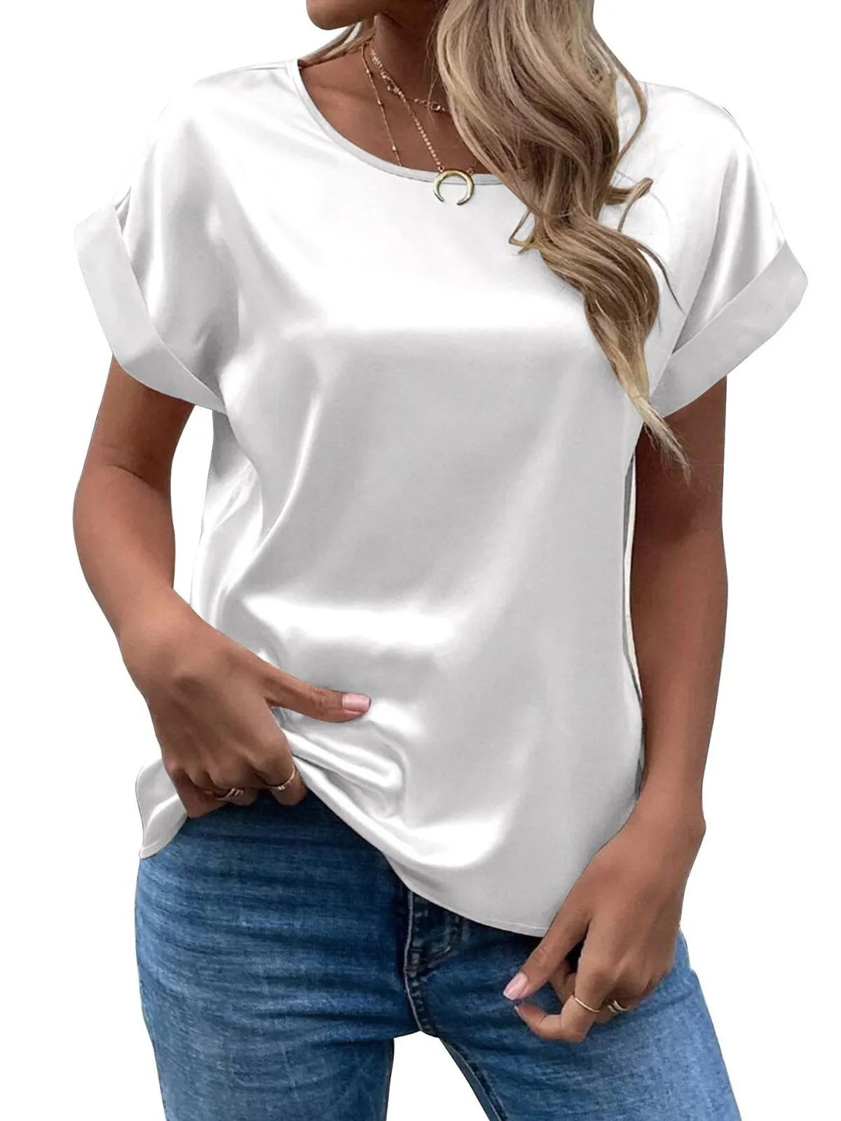Solid Round Neck Drop Shoulder Elegant Satin T-shirt