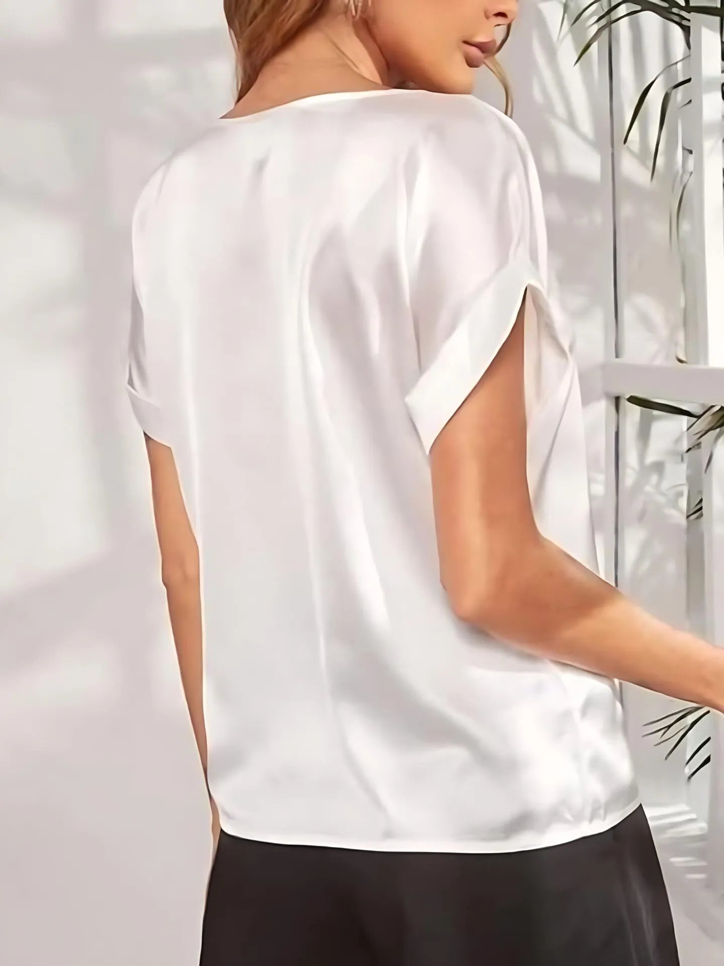 Solid Round Neck Drop Shoulder Elegant Satin T-shirt