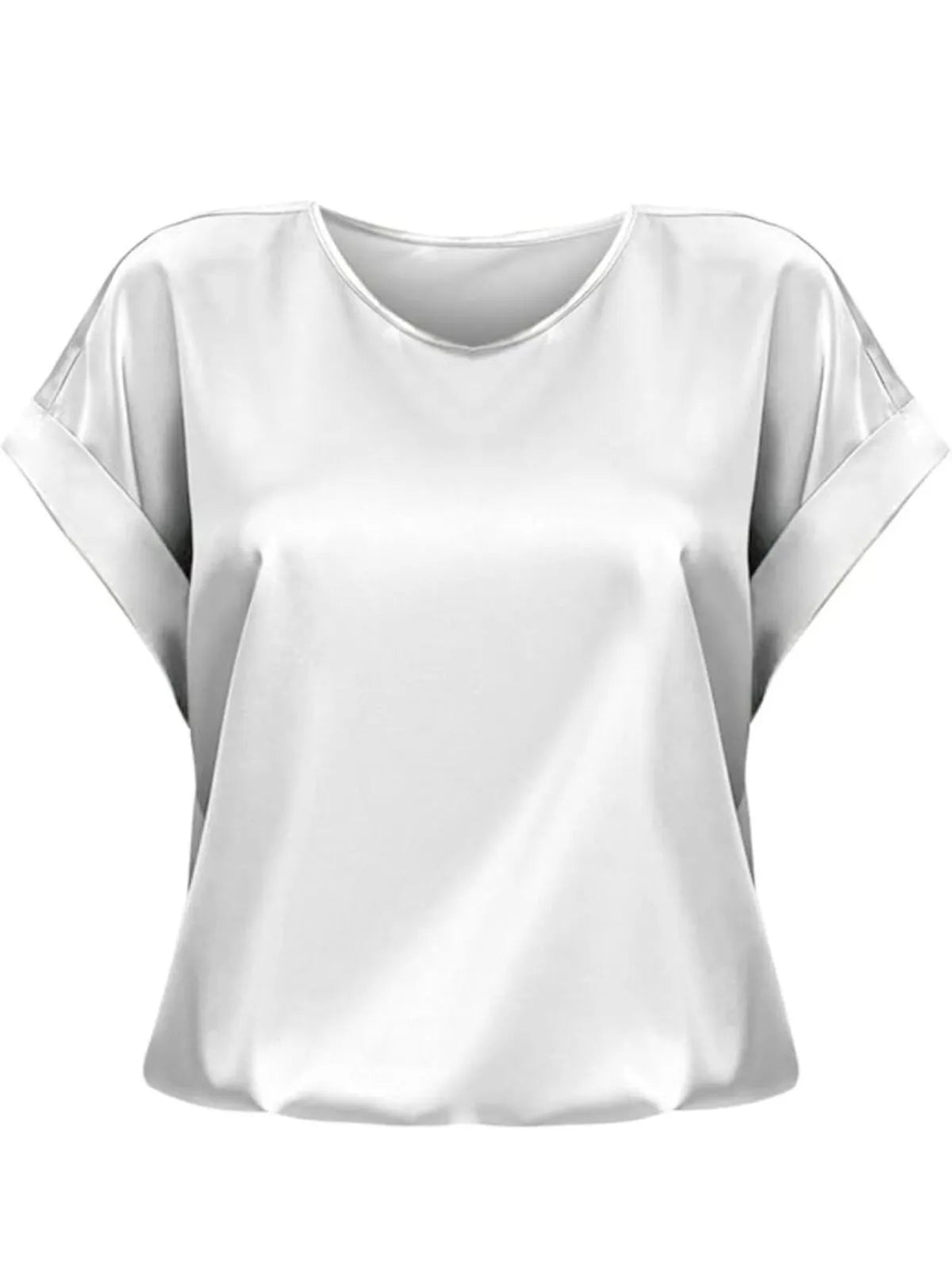 Solid Round Neck Drop Shoulder Elegant Satin T-shirt