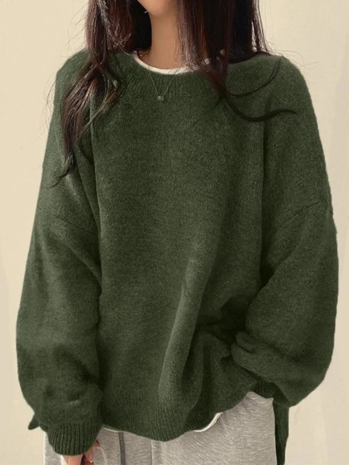 Solid Round Neck Drop Shoulder Split Hem Chic Casual Sweater