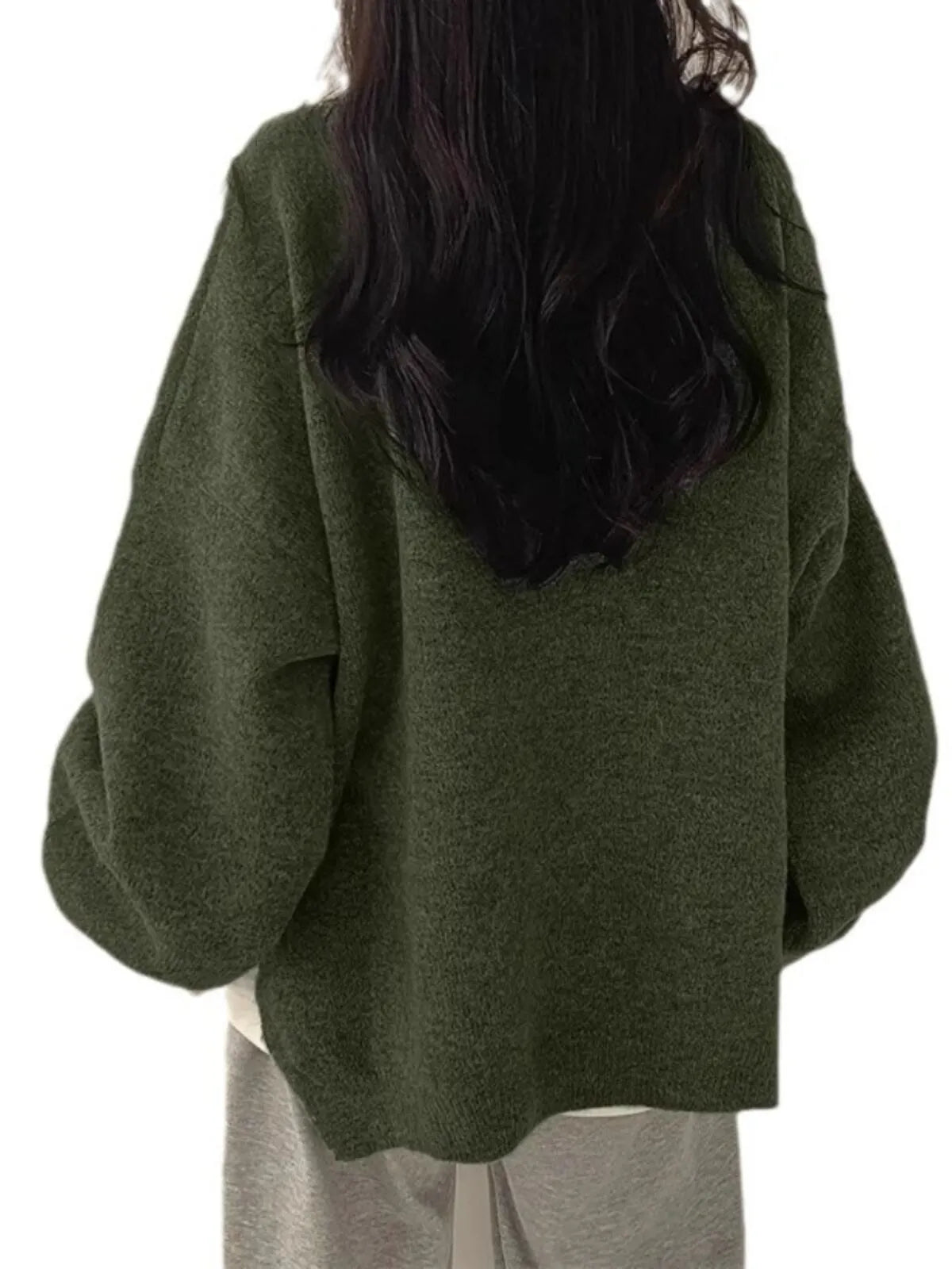 Solid Round Neck Drop Shoulder Split Hem Chic Casual Sweater