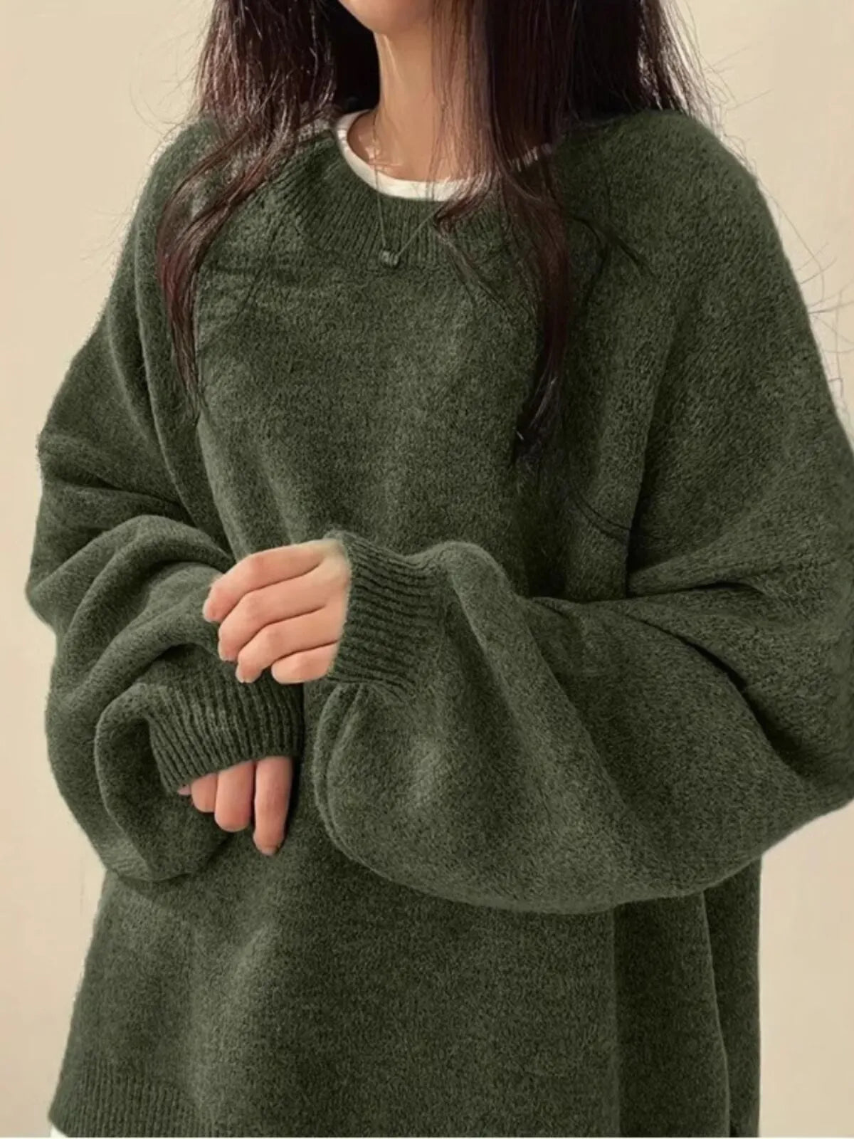 Solid Round Neck Drop Shoulder Split Hem Chic Casual Sweater